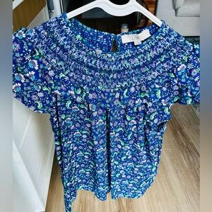 LOFT Blue and Green Floral Smocked Cotton Top - Sz L!